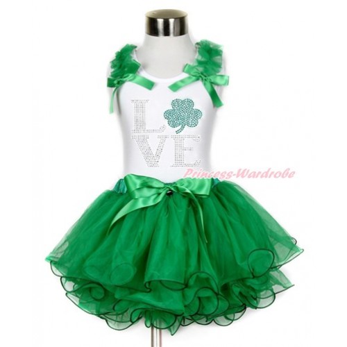 St Patrick's Day White Baby Pettitop with Kelly Green Ruffles & Kelly Green Bow with Sparkle Crystal Bling Rhinestone Love Clover Print with Kelly Green Bow Kelly Green Petal Newborn Pettiskirt NN171 